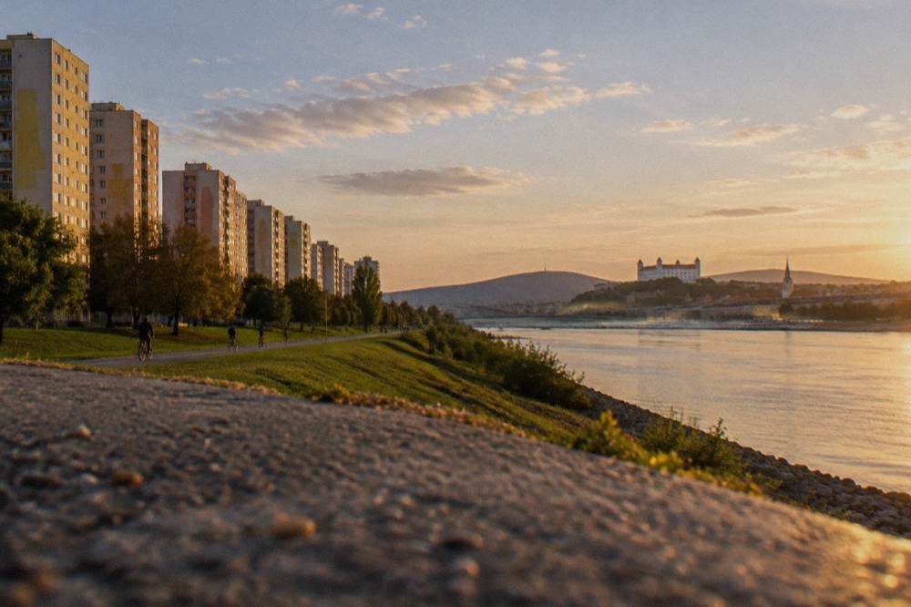Rows of panel apartment blocks in Petrzalka under a wide sky