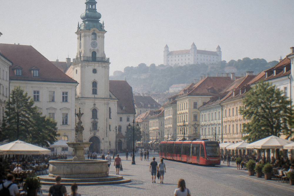 A red tram moving along a street in central Bratislava
