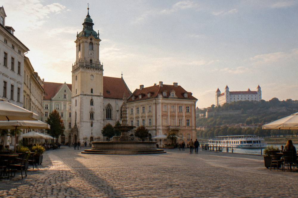 A Danube river cruise boat moored at a Bratislava city centre pontoon