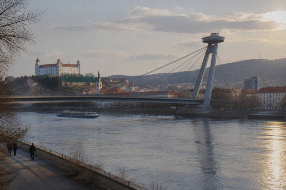 Evening light on the Danube with the Most SNP bridge and its UFO deck