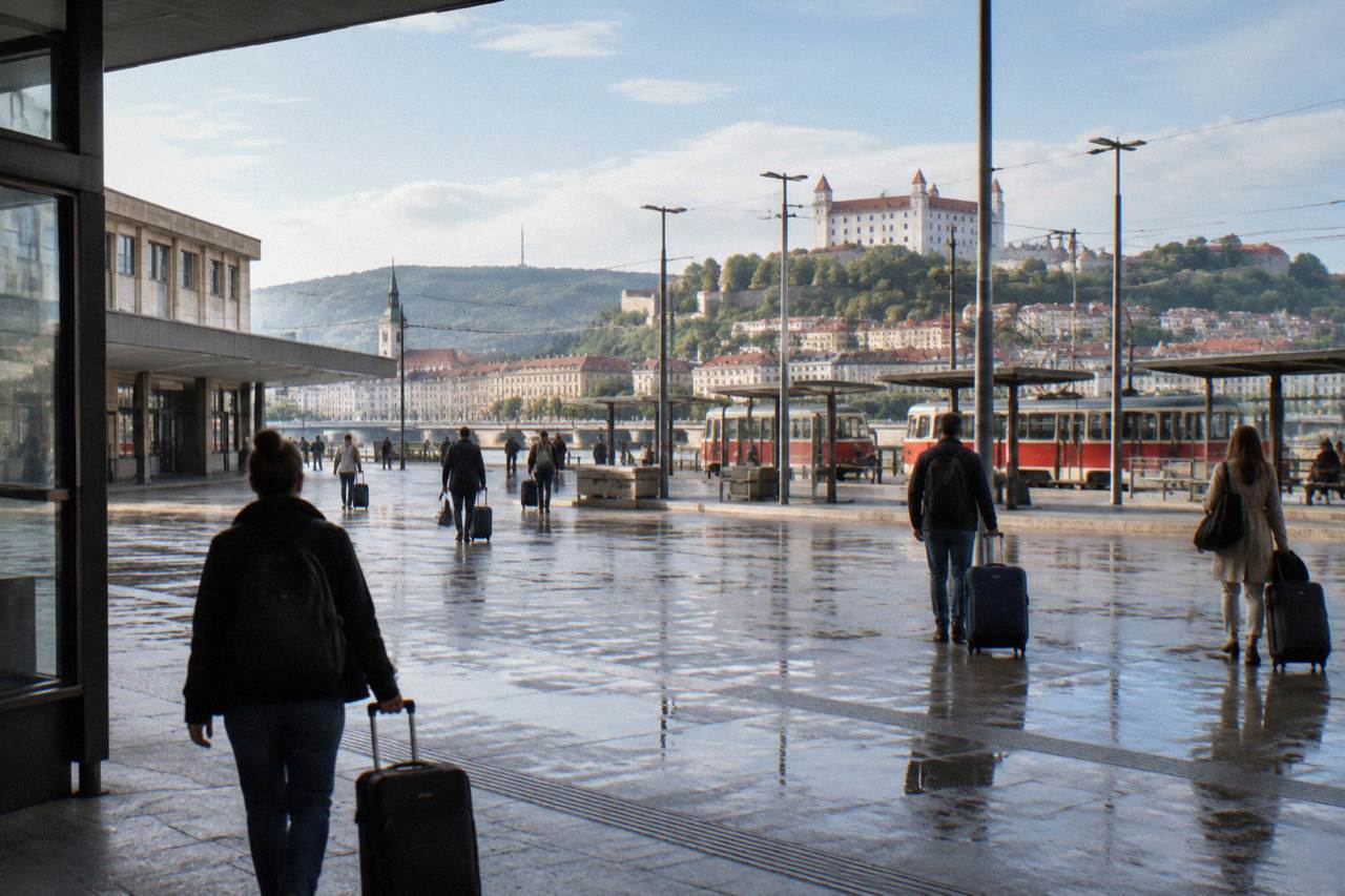 The forecourt and platforms of Bratislava main railway station with travellers carrying bags