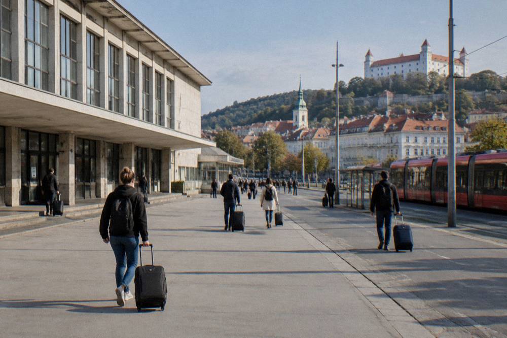 People walking with luggage along a street beside Bratislava main railway station