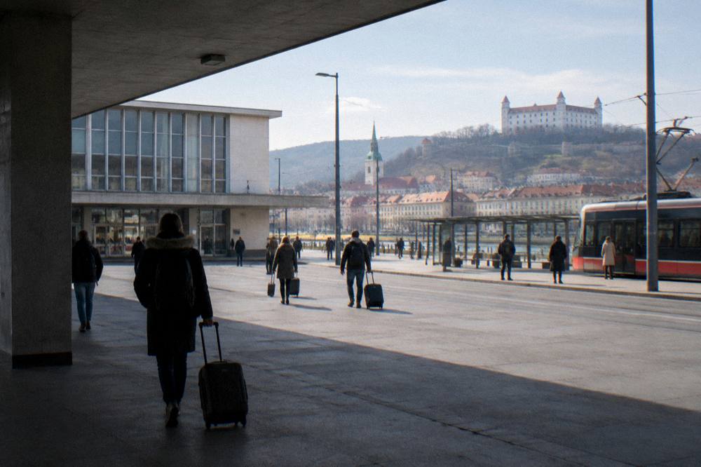 Ticket machines and departure boards inside Bratislava main railway station