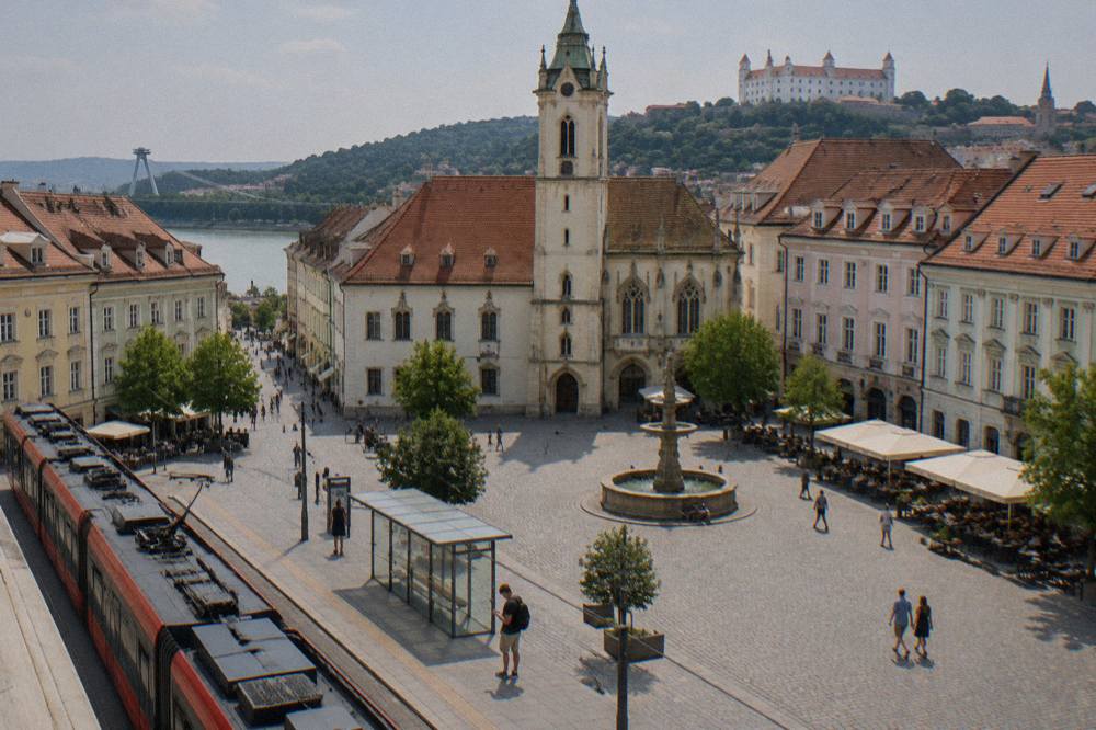 A traveller checking a phone beside a tram stop near Bratislava main station