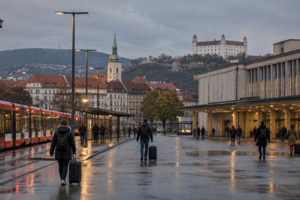 Evening light over the streets surrounding Bratislava main railway station