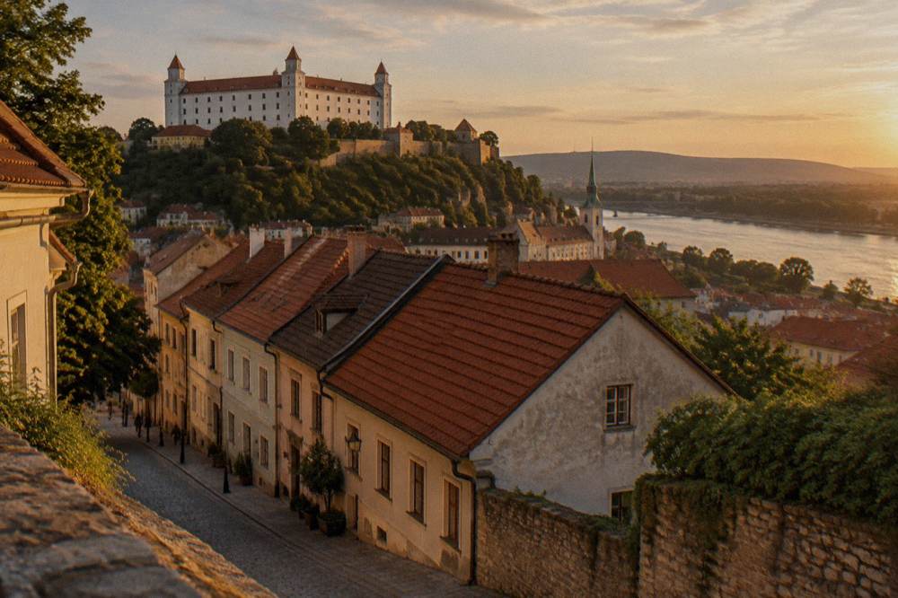 Older houses on a quiet Podhradie street below Bratislava Castle