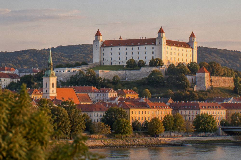 Evening light on Bratislava Castle seen from the slopes below