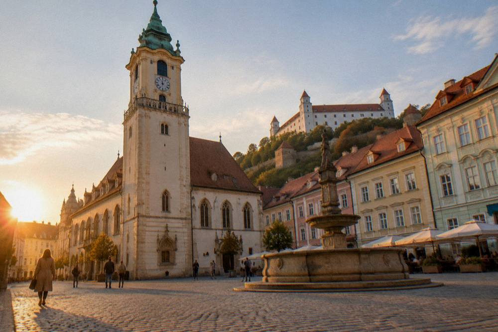The castle walls and gardens above Bratislava at the top of the hill