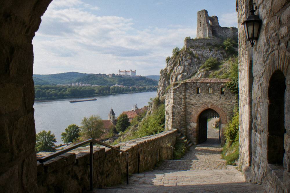 A stone castle gate and steps leading up a rocky hill