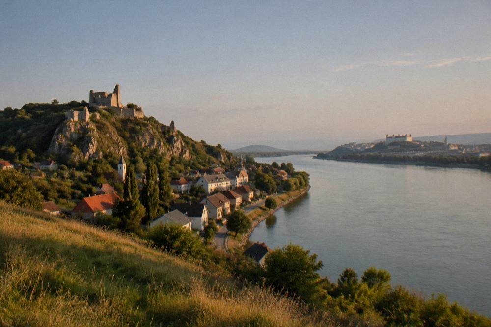 A wide river bend seen from a high grassy slope in early evening light
