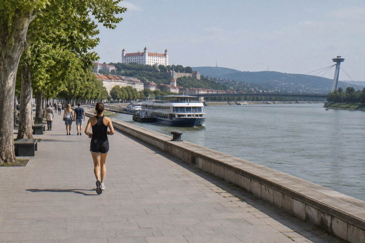 Riverside promenade with modern buildings