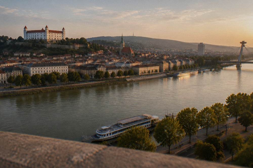 A view over a city skyline and river from a high observation deck at dusk