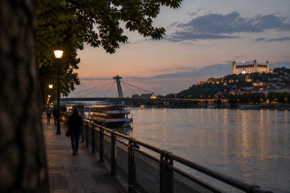 A riverside promenade at dusk with lit lamps and the dark silhouette of a bridge in the background