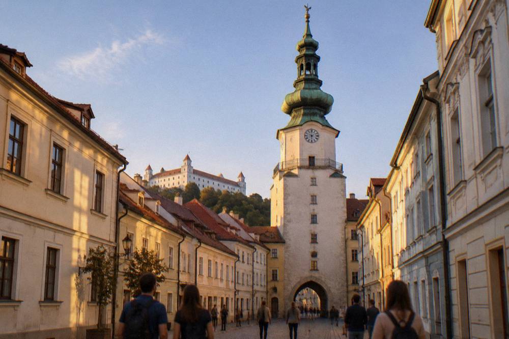 Visitors looking up at the stone tower of Michael's Gate in a Bratislava Old Town street