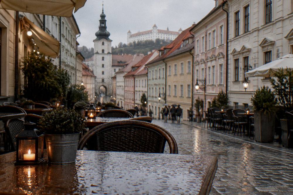Outdoor restaurant tables on a sloping Old Town street in Bratislava in the evening
