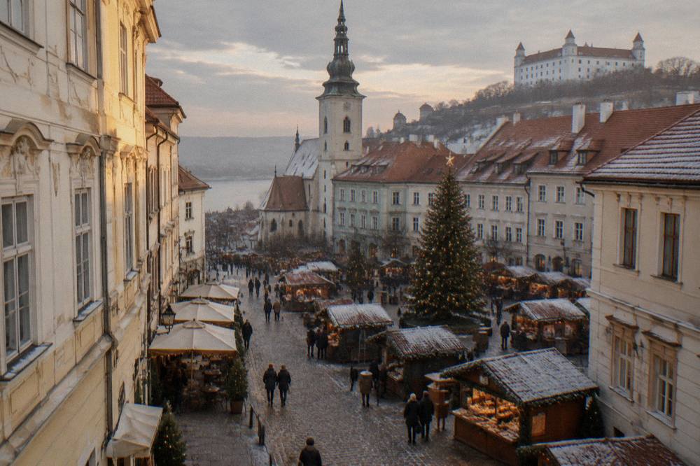 Christmas market stalls and a decorated tree on the Main Square in Bratislava Old Town