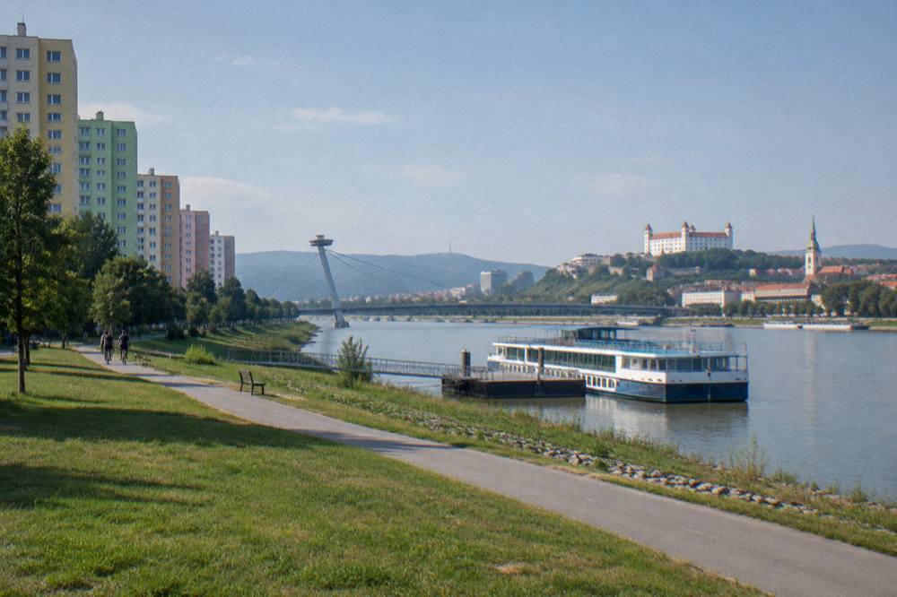 A riverboat moored on the Danube with the bridge and city skyline beyond