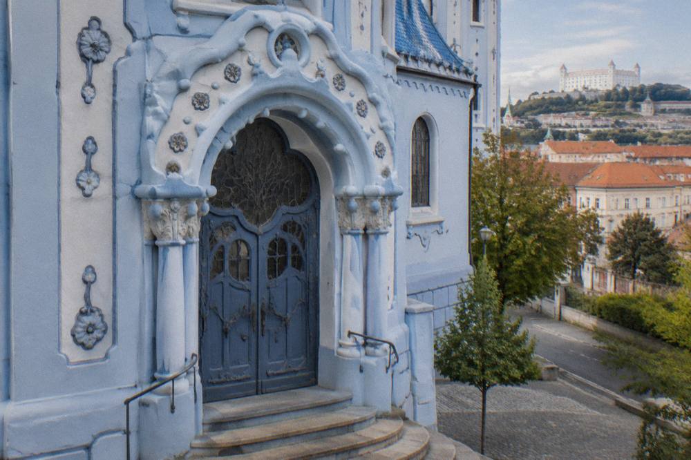 Close-up of the ornate blue entrance portal of the Church of St Elizabeth