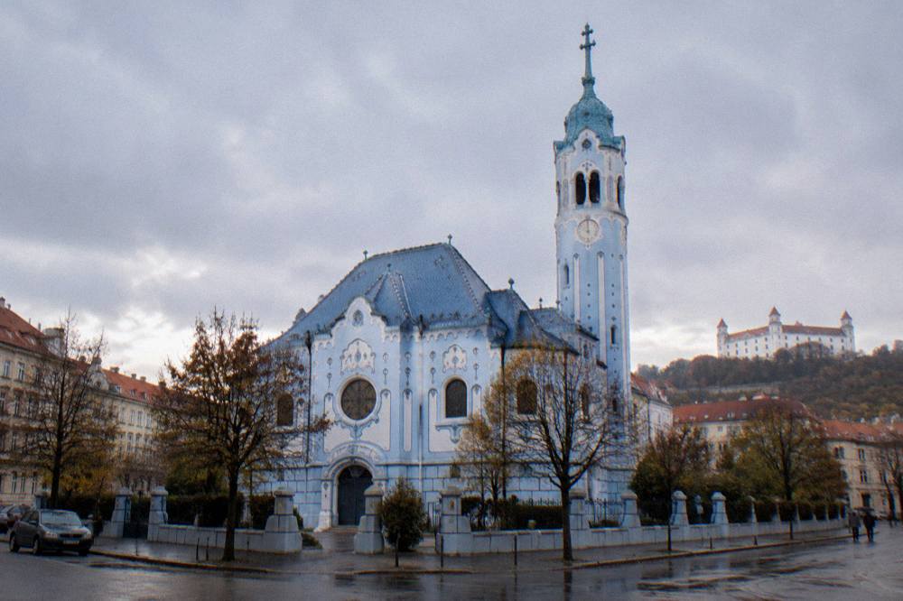 The full facade of the Blue Church in Bratislava at the end of the day
