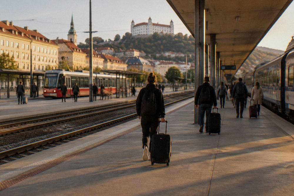 Travellers on the platform at Bratislava main railway station with luggage