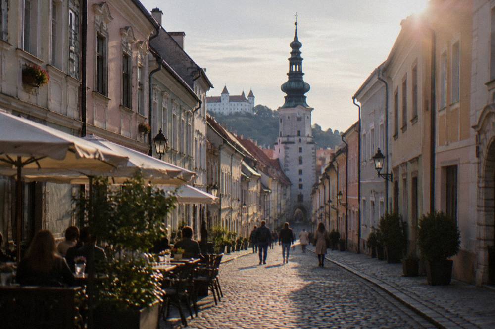 Cobblestone lane in Bratislava's Old Town with pastel facades and pedestrians