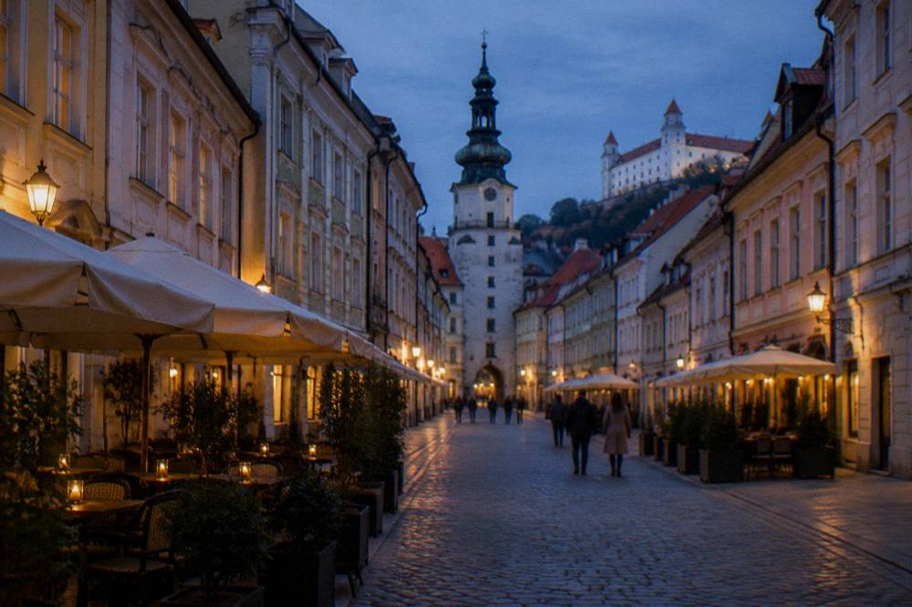 Evening light on a Bratislava Old Town square with lit windows