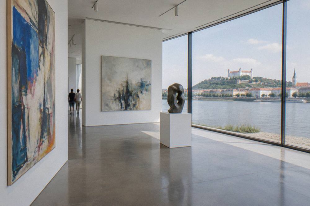 Gallery interior with large contemporary paintings on white walls