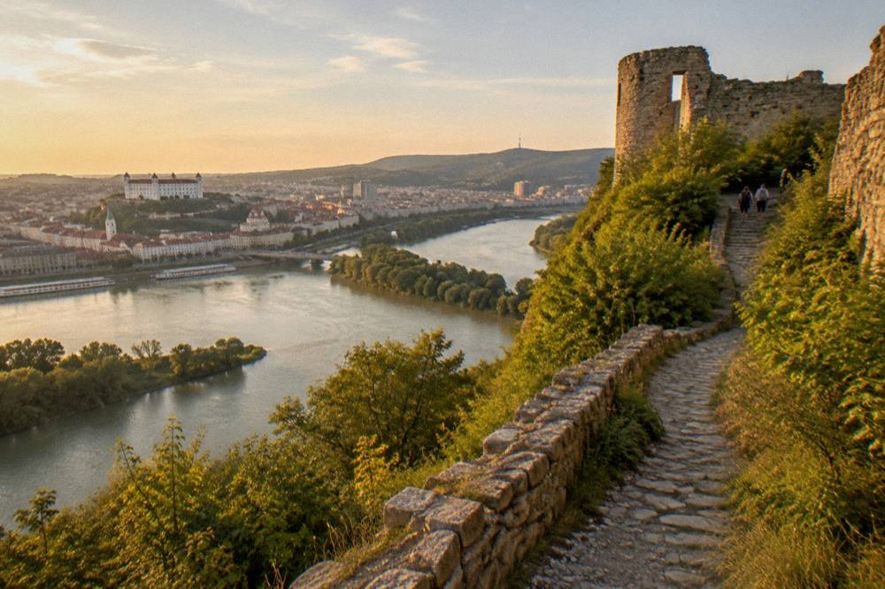 A stone footpath climbing through greenery toward the upper walls of a castle ruin
