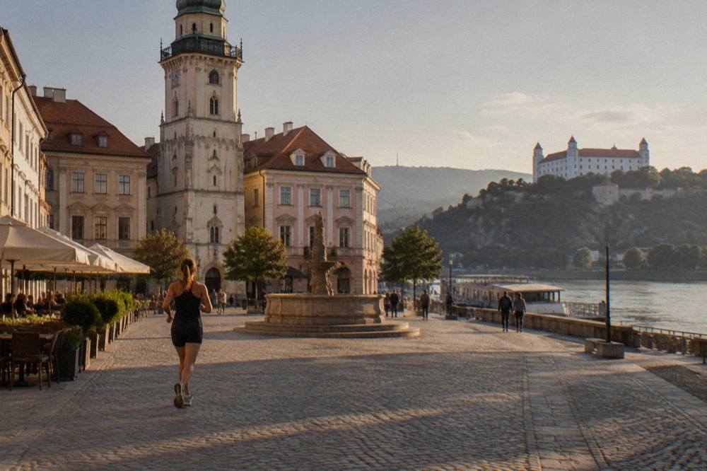 A riverside landing stage on the Danube near castle cliffs outside Bratislava