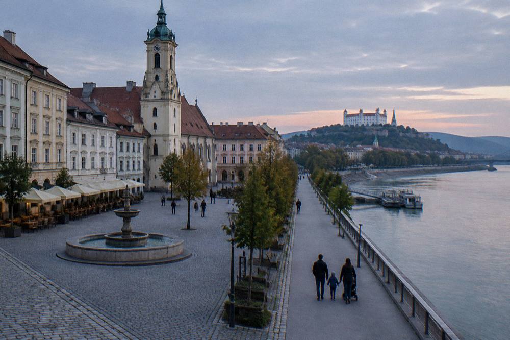 A family walking on a wide riverside walkway beside the Danube in Bratislava