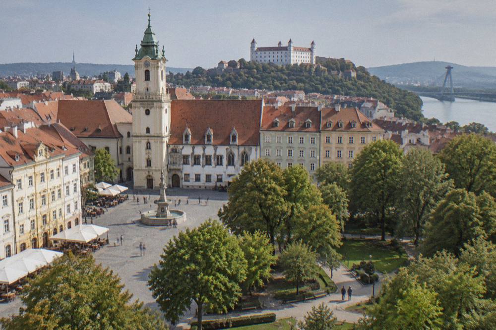 Tree-lined paths and lawns of a city centre garden in Bratislava