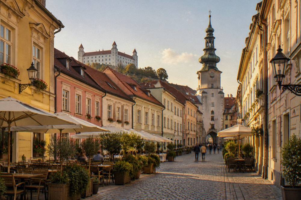 Narrow pedestrian street with colourful town buildings in Bratislava Old Town