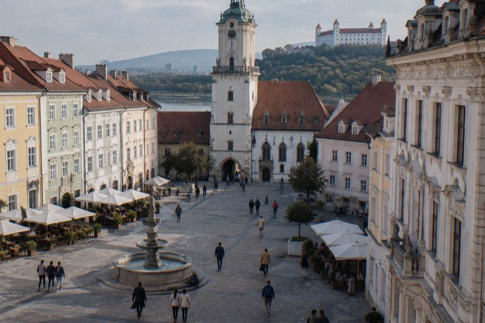 Visitors walking past a historic palace facade in Bratislava on a sunny day