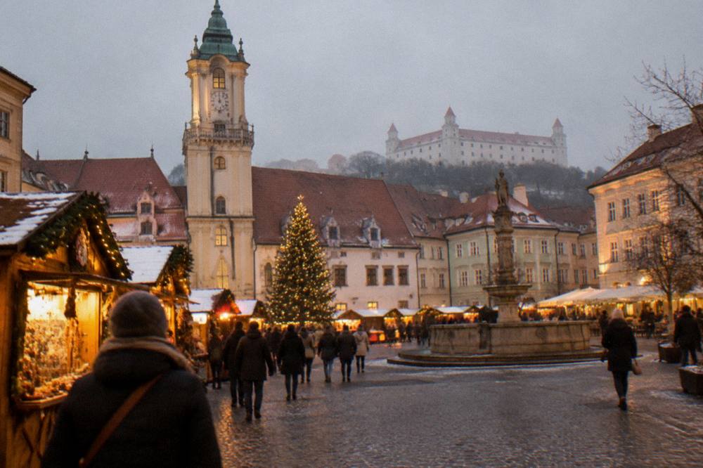 A Christmas market with wooden stalls and a lit tree on Bratislava main square at dusk