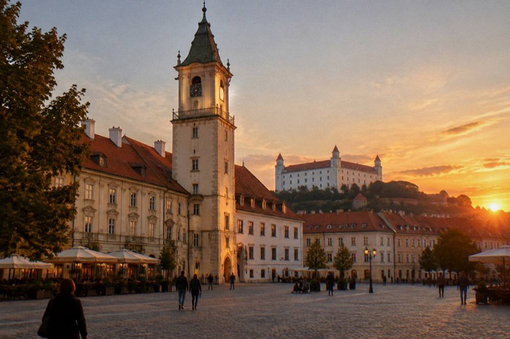 The main square at dusk with the Old Town Hall tower lit against the sky