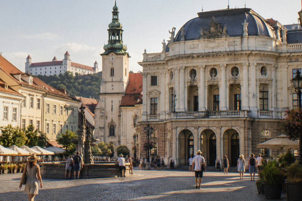 The facade of a historic theatre building on a square in Bratislava