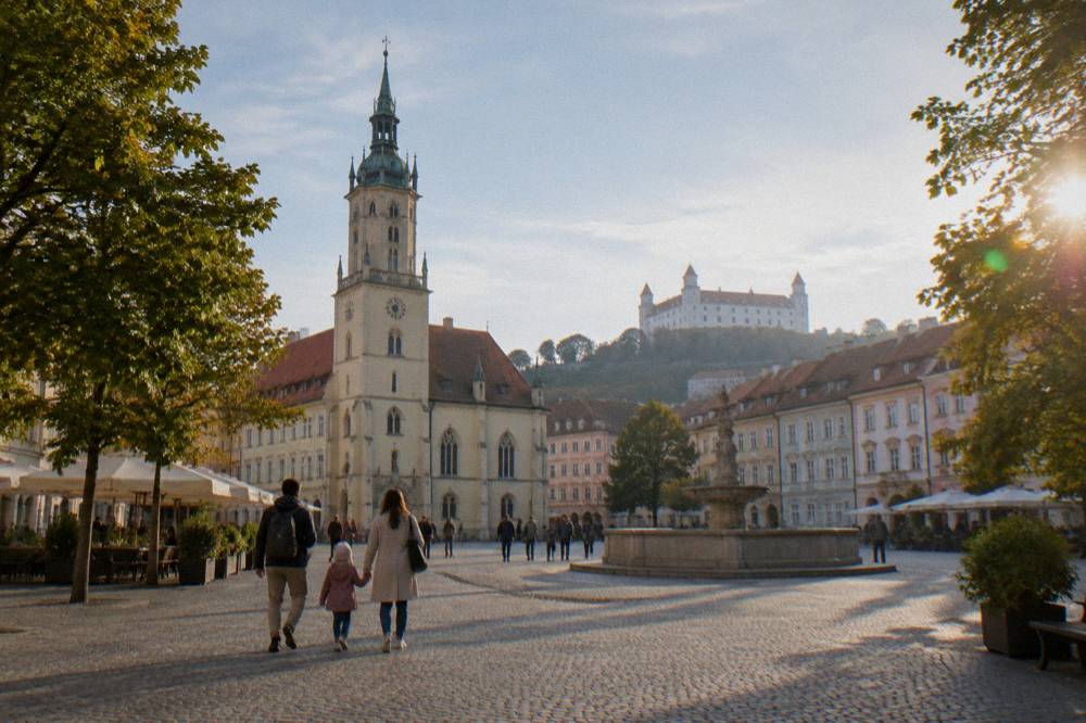 A family walking on a pedestrian square between trees in an old city centre