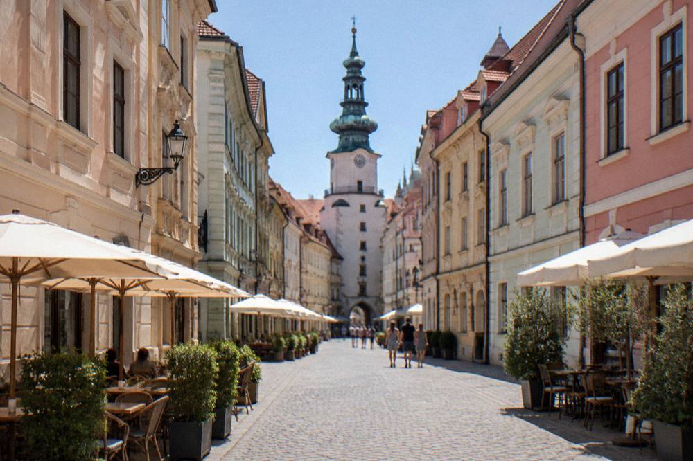 An old town square with a historic tower and colourful building facades
