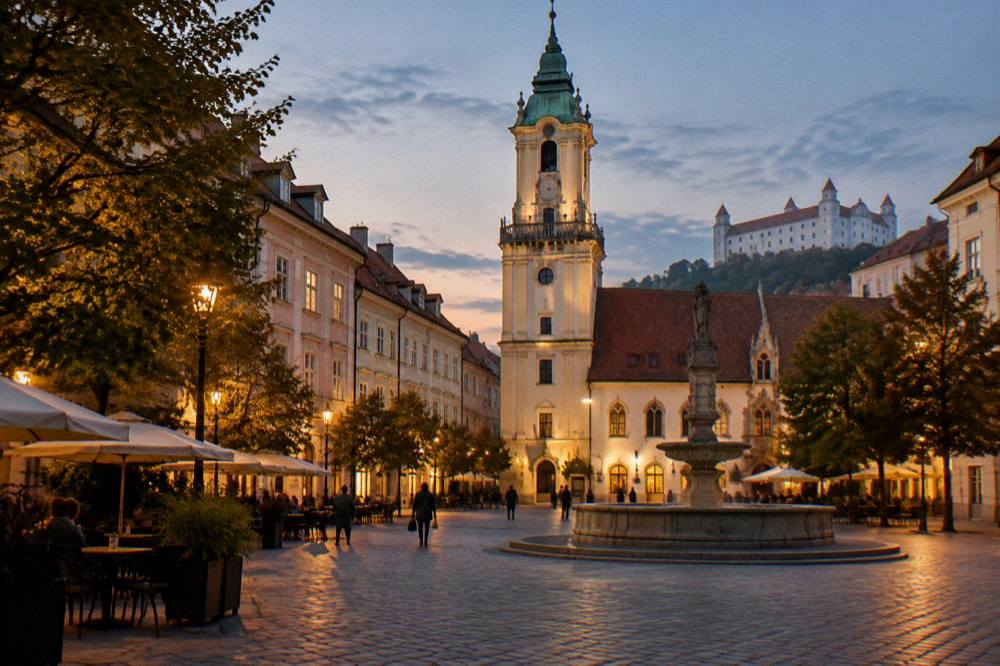 An evening view of a lit promenade square with trees and building facades in Bratislava
