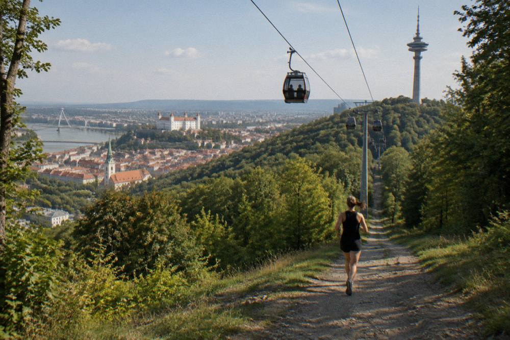 A chairlift cable car carrying passengers above a forest clearing toward a hilltop