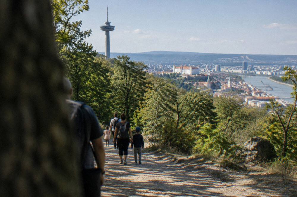 Families walking a forest path on a bright afternoon near a hilltop tower