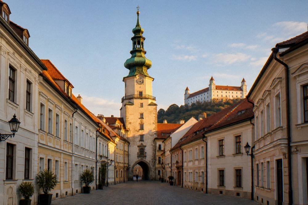 A stone gate tower illuminated in the evening above an empty pedestrian street