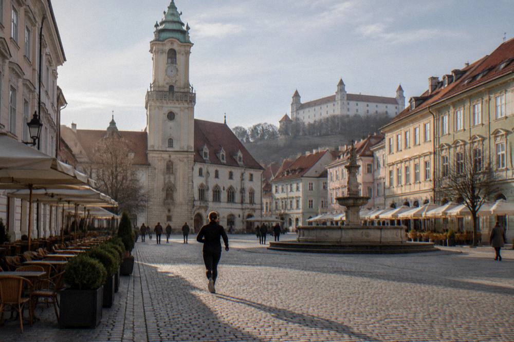 Pedestrian square with cafe tables and colourful townhouses in Bratislava