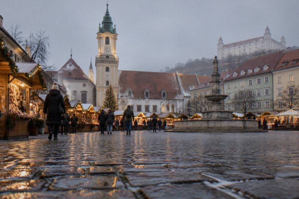 Christmas market stalls and lights on a Bratislava square in early evening