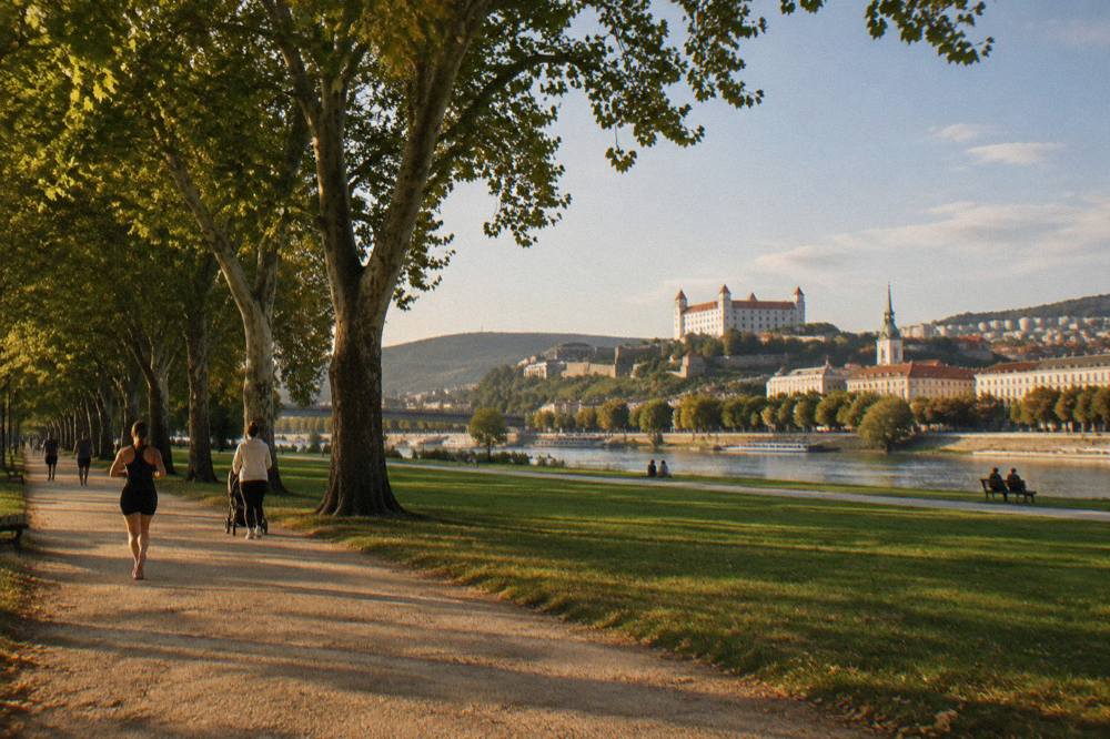 Joggers and strollers on a shaded park path near the Danube embankment