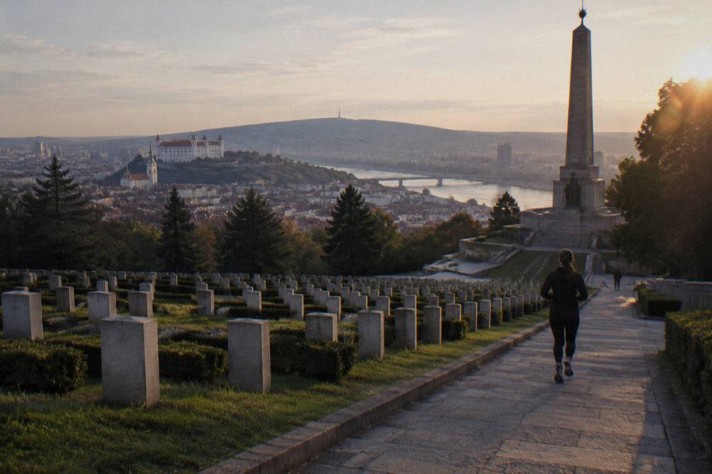 Rows of uniform stone grave markers set in terraced lawns on a hillside