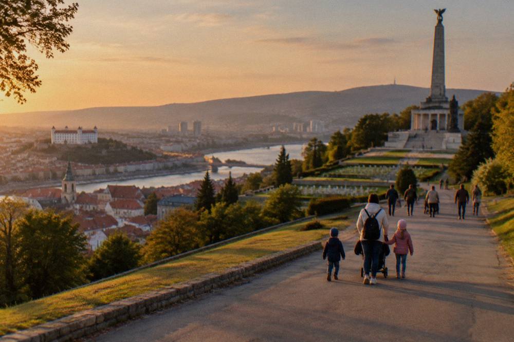 Families with children walking on a wide path through a park toward a hilltop monument