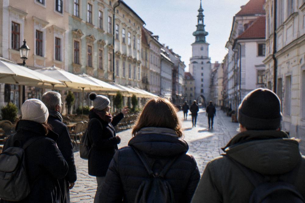 A guided walking group stopped in a Bratislava Old Town square