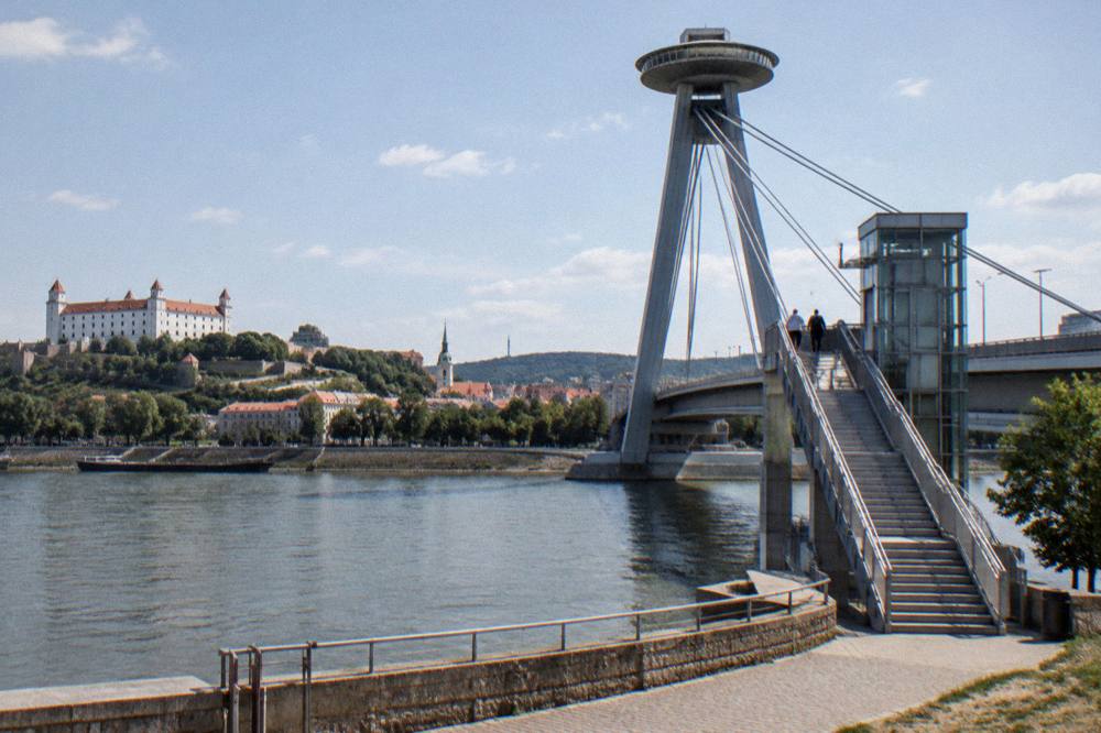 The stairway and lift approach to the UFO observation deck seen from the bridge