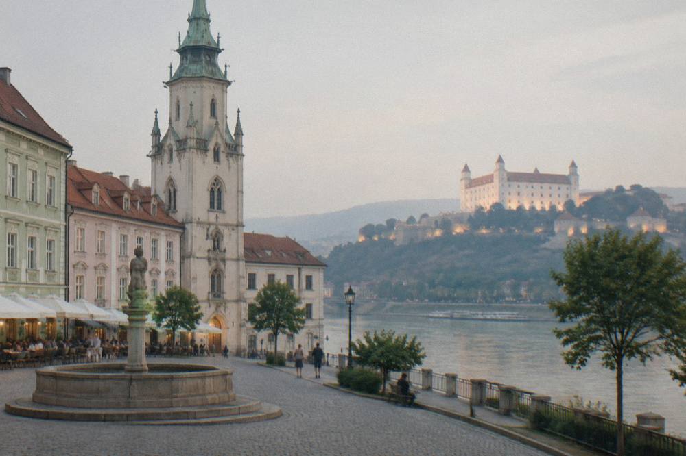 Evening view of Bratislava across the Danube with the castle lit on the hill